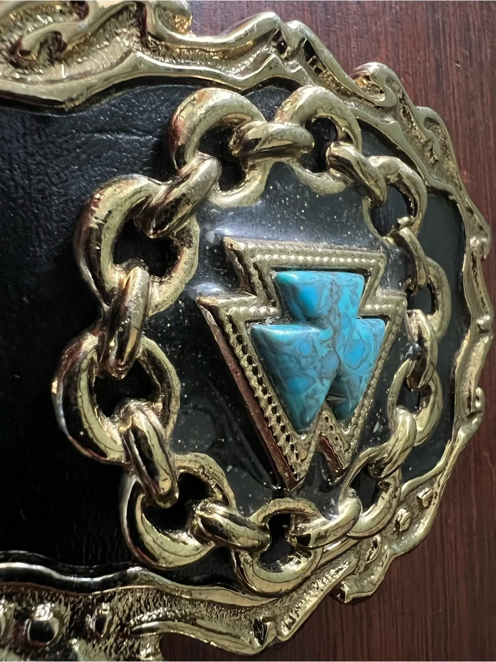 Vintage Southwestern Turquoise Inlay Belt Buckle Gold Tone - Western USA